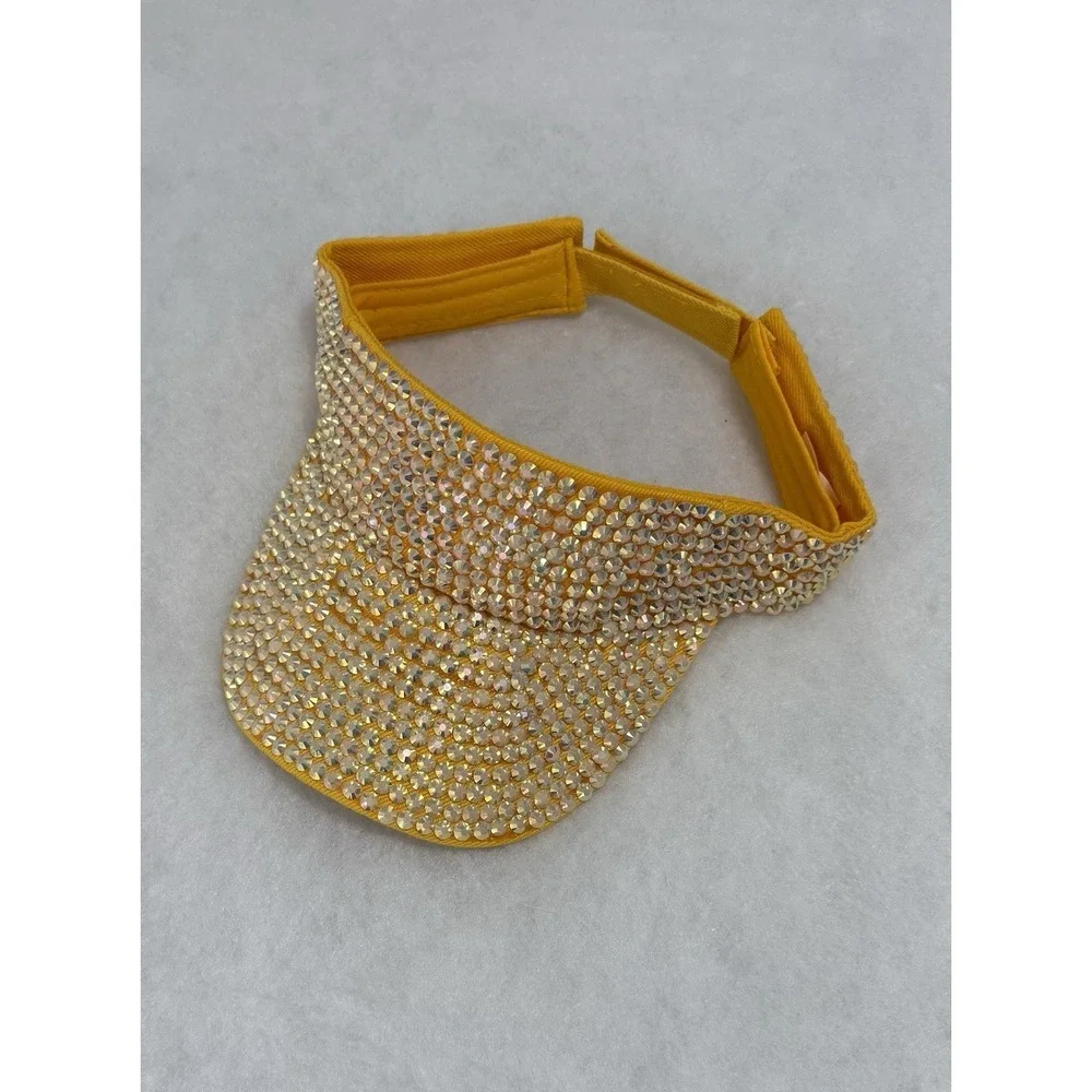 Women's Rhinestone Bling Sun Visor Hat Yellow & Pink Sparkly Adjustable